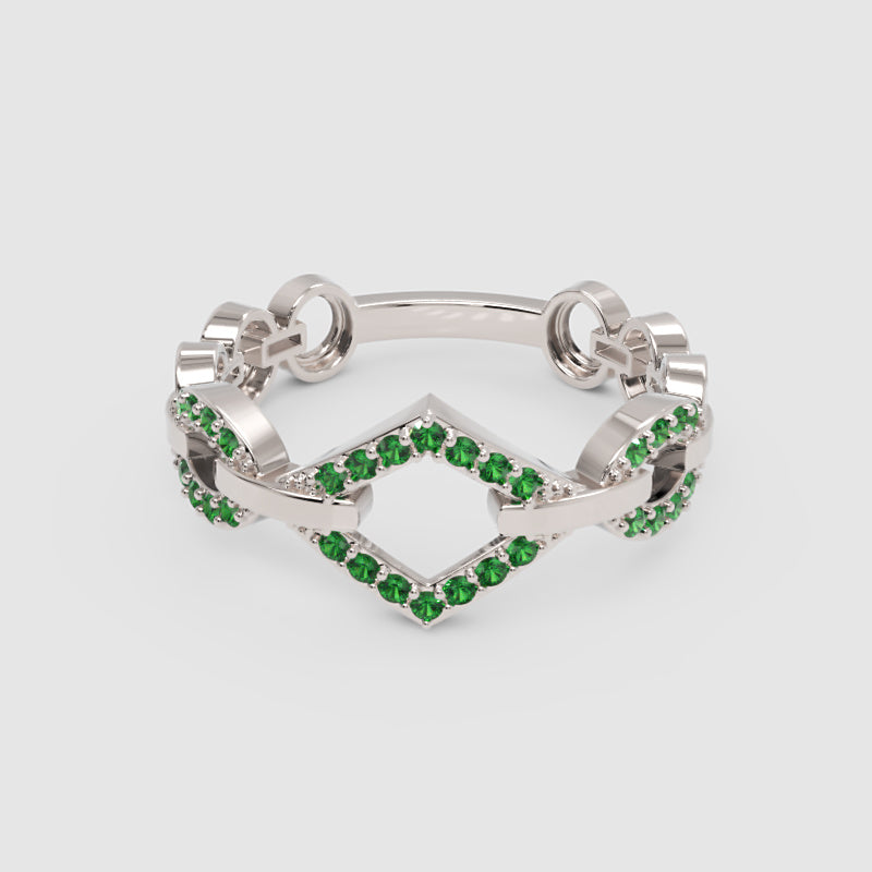 Luxury Emerald Chevron Ring | Yellow Gold Double V Chain Link Bold Design | Jebij - Four