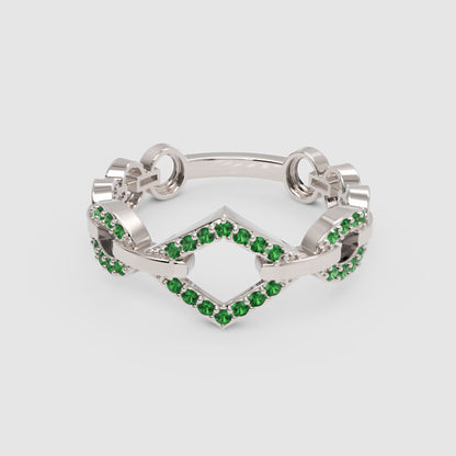 Luxury Emerald Chevron Ring | Yellow Gold Double V Chain Link Bold Design | Jebij - Four
