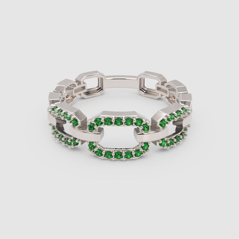Emerald Chain Link Ring In Yellow Gold | Double Pave Interlocking Statement Luxury Ring For Women | Jebij - Four