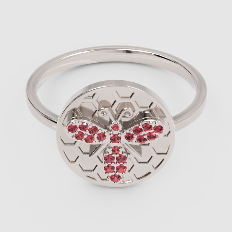 Honeycomb Bee Ring With Pink Gemstones Rose Tone - Four
