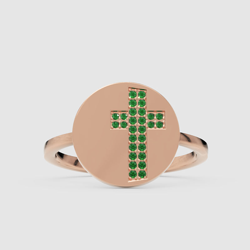 Emerald Cross Signet Ring With Disc Design - Four