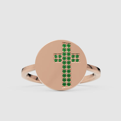Emerald Cross Signet Ring With Disc Design - Four
