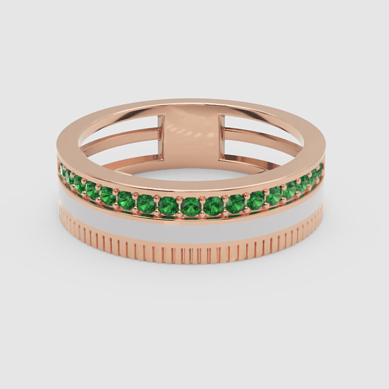 Yellow Gold Emerald Band Ring with White Enamel Center – Customizable Luxury Statement Ring | Jebij