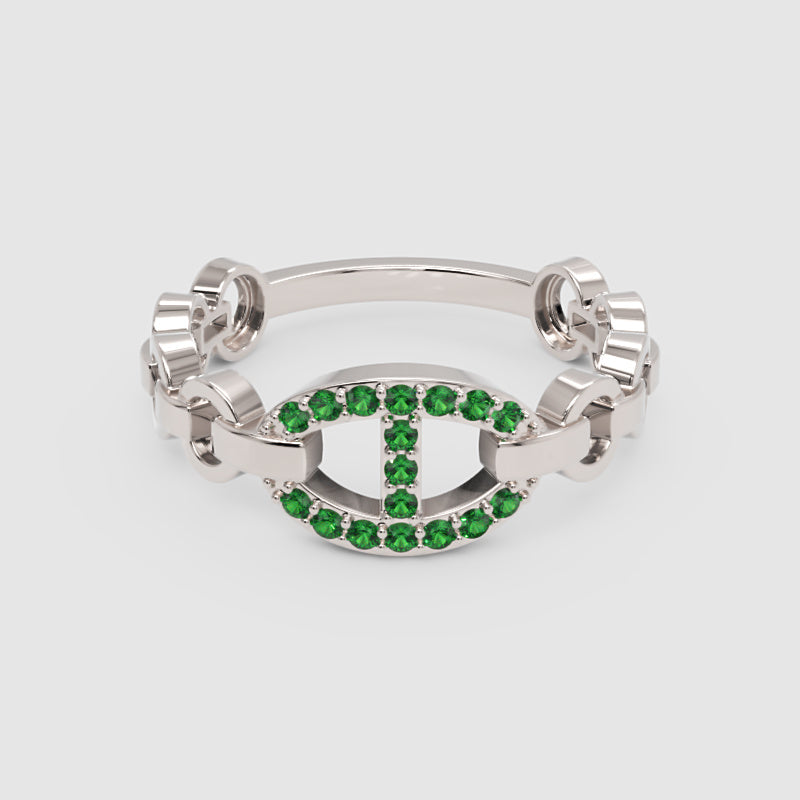 Emerald Oval Ring (Lab-Grown) | Yellow Gold Chain Link Vertical Bar Design | Jebij - Four
