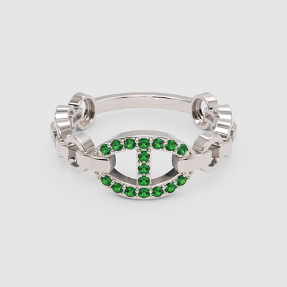 Emerald Oval Ring (Lab-Grown) | Yellow Gold Chain Link Vertical Bar Design | Jebij - Four