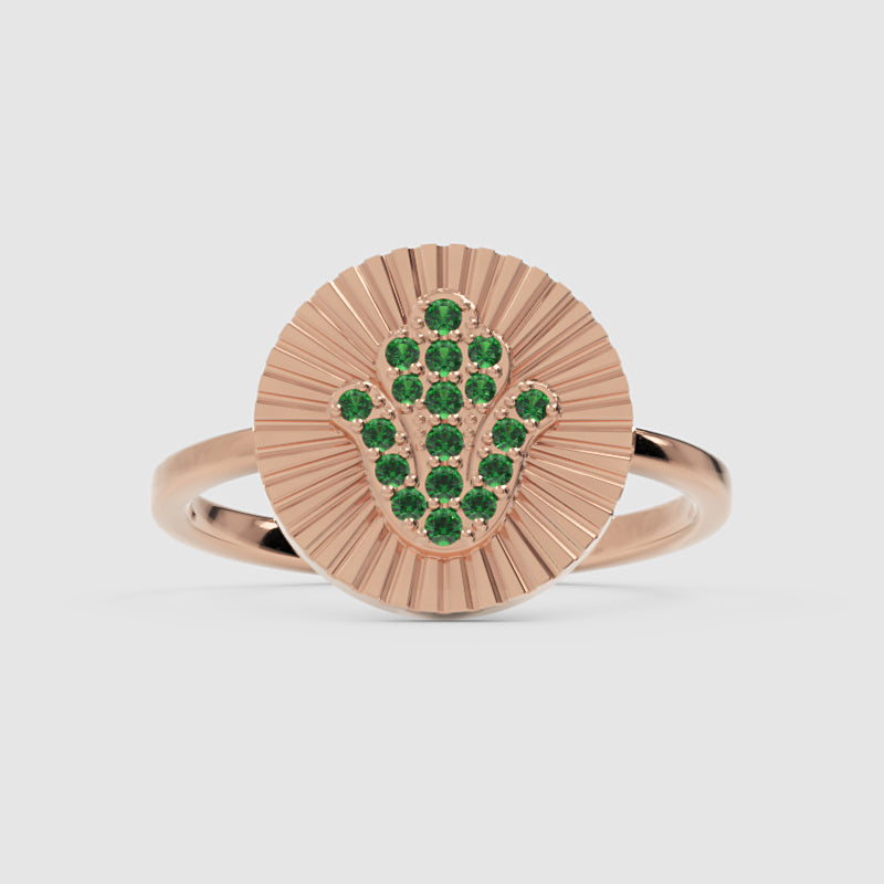 Hamsa Hand Emerald Disc Ring With Sunburst Texture - Four