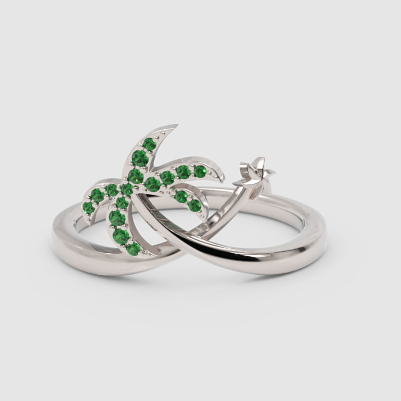 Green Stone Star & Crescent Moon Ring In Yellow Gold - Five