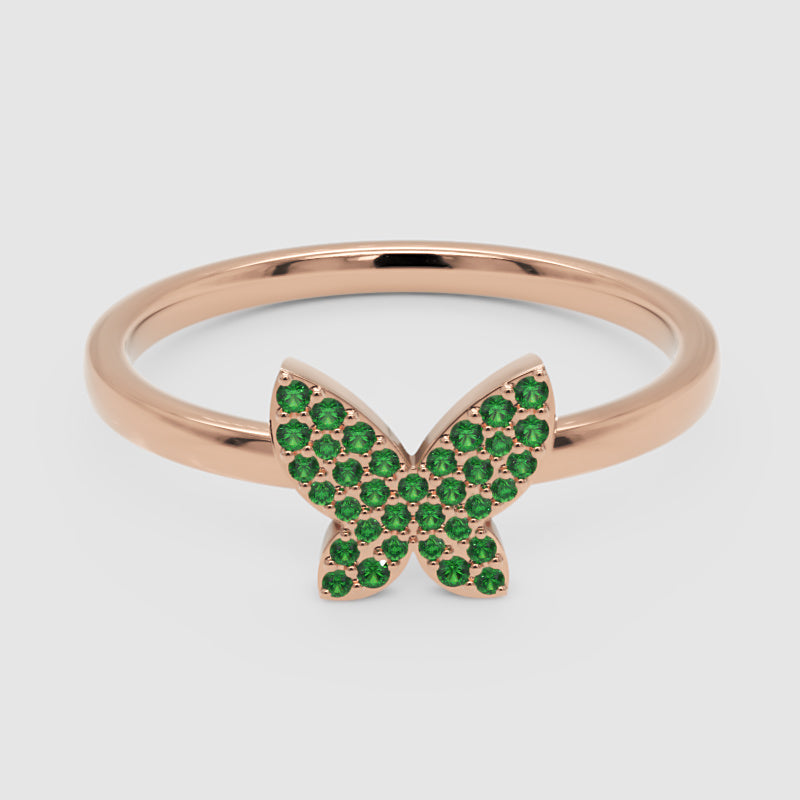 Emerald Pav Butterfly Ring Delicate Stackable Band - Four