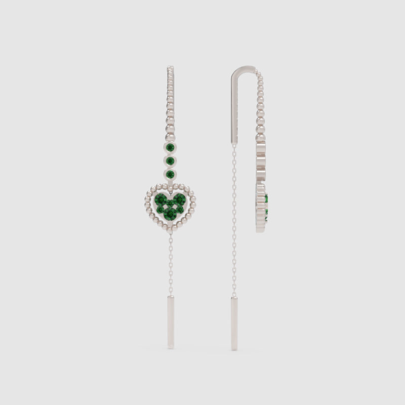 Emerald Heart Threader Earrings With Bar Drop Chain Detail - Four