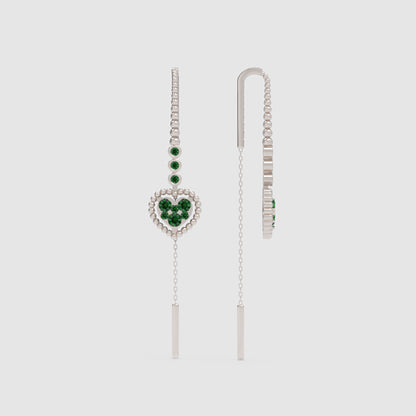 Emerald Heart Threader Earrings With Bar Drop Chain Detail - Four