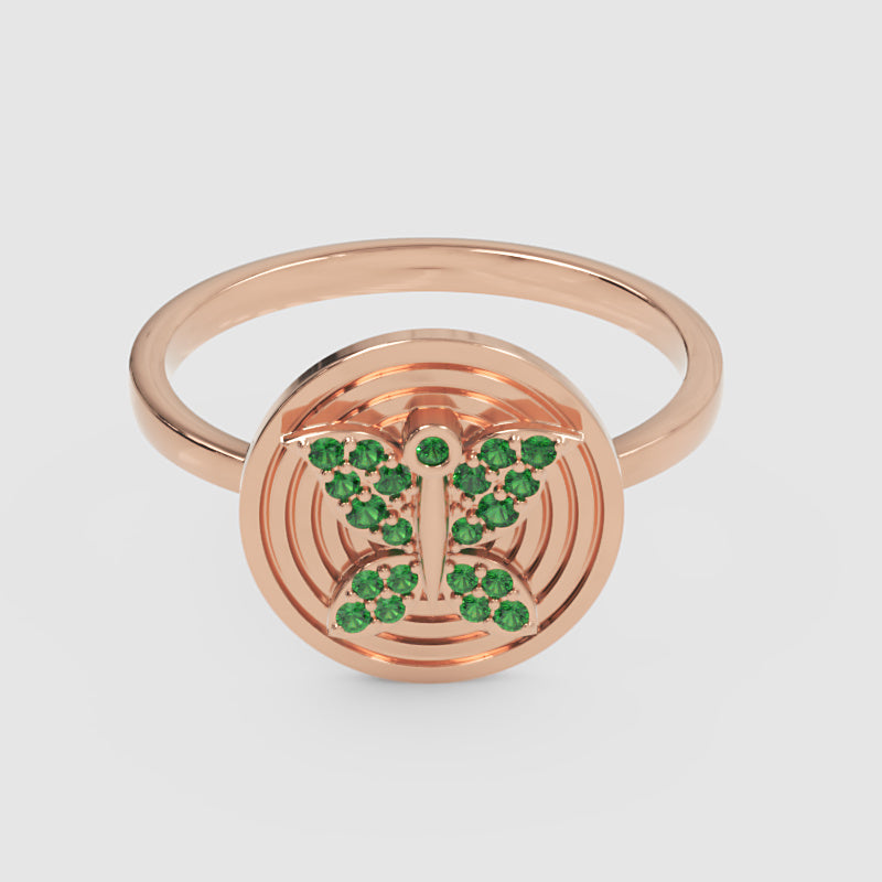Emerald Initial T Signet Ring With Concentric Circle Design - Four