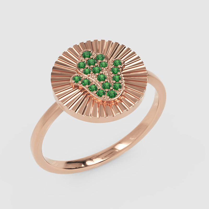 Hamsa Hand Emerald Disc Ring With Sunburst Texture - Five