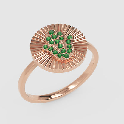 Hamsa Hand Emerald Disc Ring With Sunburst Texture - Five