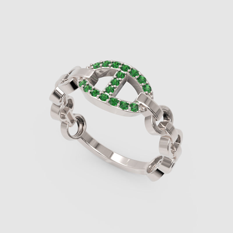 Emerald Oval Ring (Lab-Grown) | Yellow Gold Chain Link Vertical Bar Design | Jebij - Five