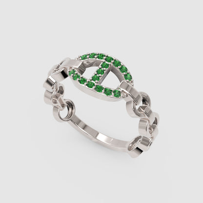 Emerald Oval Ring (Lab-Grown) | Yellow Gold Chain Link Vertical Bar Design | Jebij - Five
