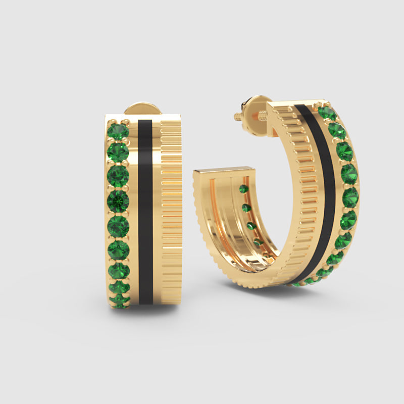Emerald Hoop Earrings With Black Enamel Accent - Five