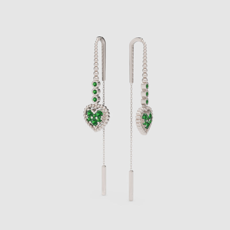 Emerald Heart Threader Earrings With Bar Drop Chain Detail - Five