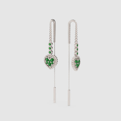Emerald Heart Threader Earrings With Bar Drop Chain Detail - Five