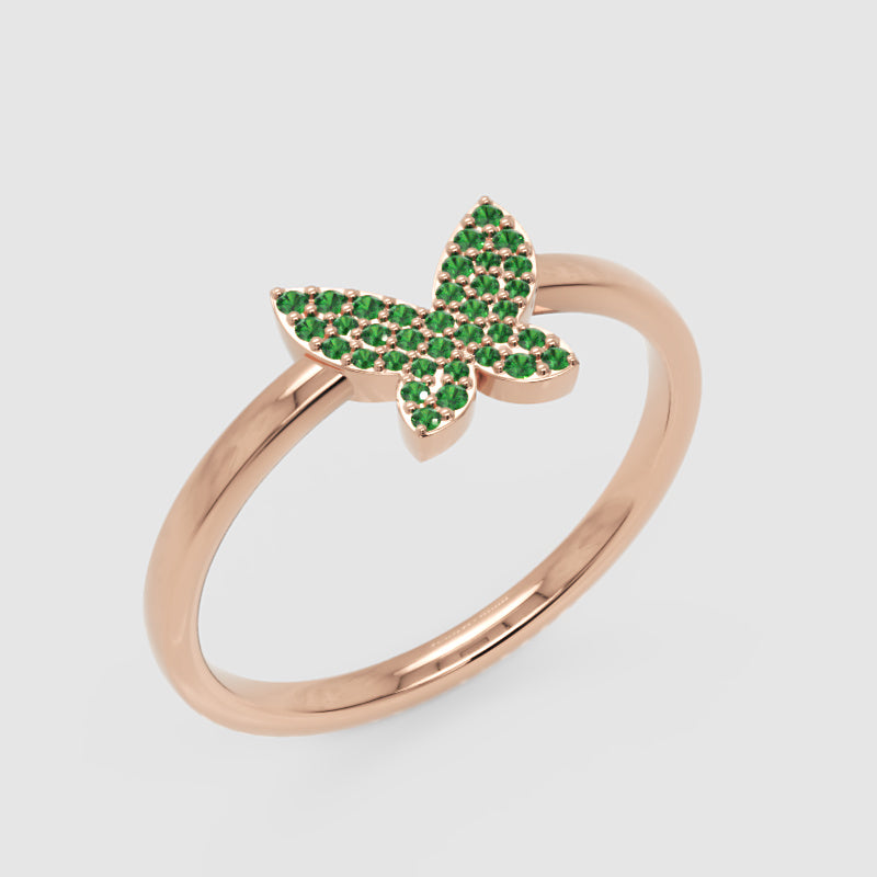 Emerald Pav Butterfly Ring Delicate Stackable Band - Five