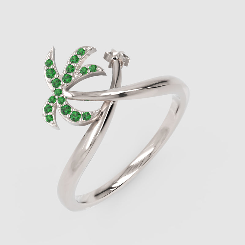 Green Stone Star & Crescent Moon Ring In Yellow Gold - Six