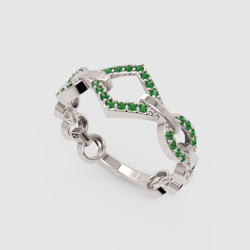Luxury Emerald Chevron Ring | Yellow Gold Double V Chain Link Bold Design | Jebij - Five
