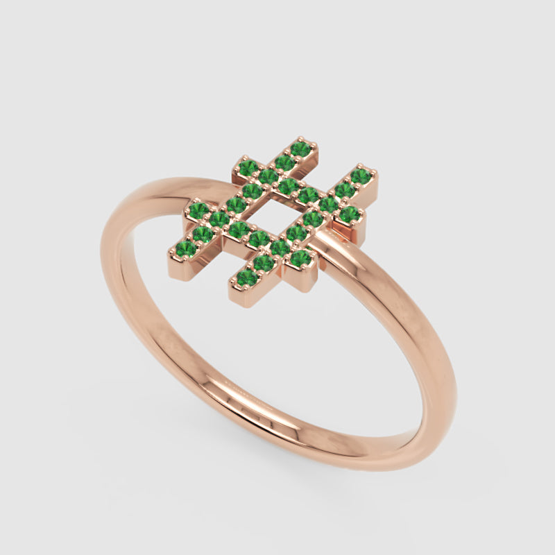 Green Emerald Hashtag Symbol Ring With Pav Stones - Eight