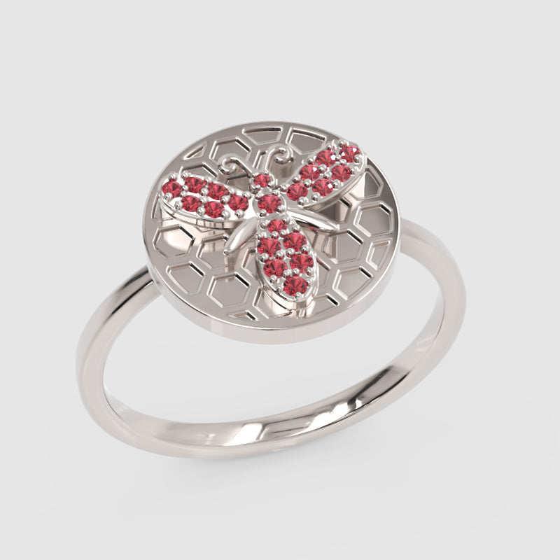 Honeycomb Bee Ring With Pink Gemstones Rose Tone - Five