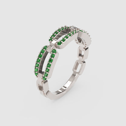 Lab-Grown Emerald Interlocking Link Ring In Yellow Gold | Double Pave Luxury Chain Design Statement Ring For Women | Jebij - Five