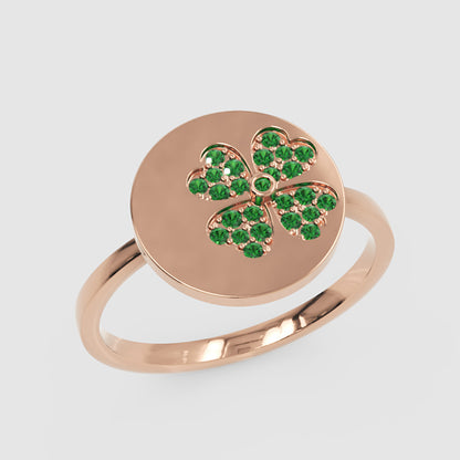 Four Leaf Clover Disc Ring With Green Stones - Five