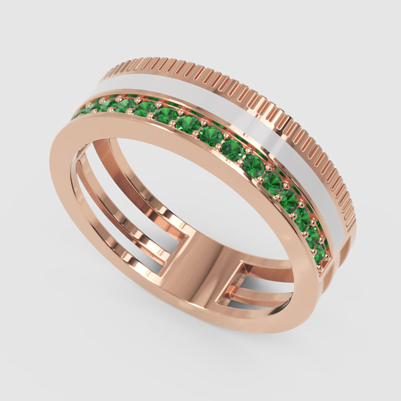 Yellow Gold Emerald Band Ring with White Enamel Center – Customizable Luxury Statement Ring | Jebij