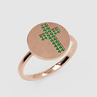 Emerald Cross Signet Ring With Disc Design - Five