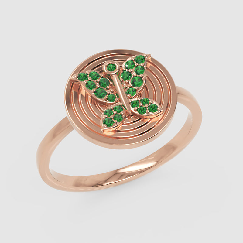 Emerald Initial T Signet Ring With Concentric Circle Design - Five