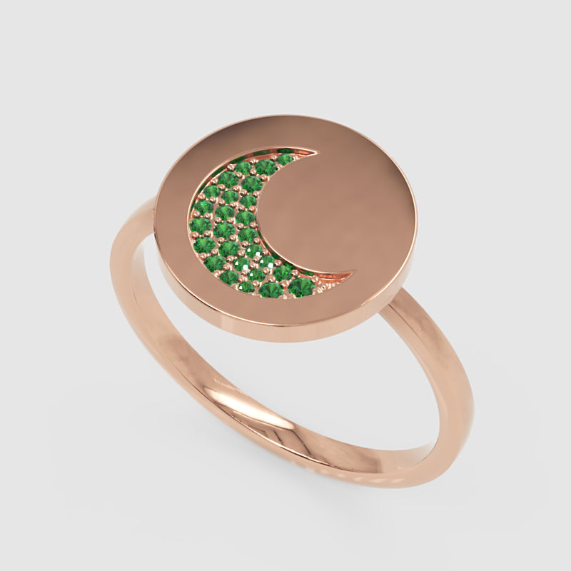 Emerald Crescent Moon Disc Ring - Five