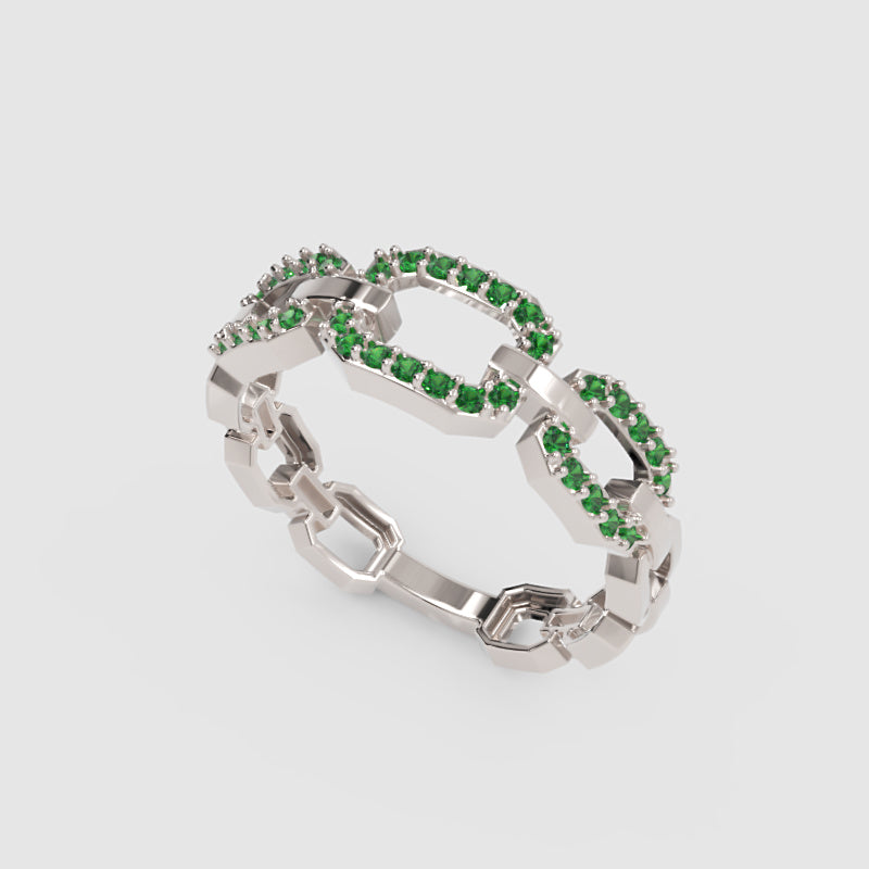 Emerald Chain Link Ring In Yellow Gold | Double Pave Interlocking Statement Luxury Ring For Women | Jebij - Five