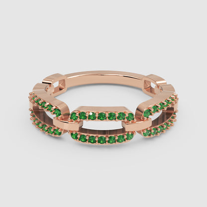 Lab-Grown Emerald Interlocking Link Ring In Yellow Gold | Double Pave Luxury Chain Design Statement Ring For Women | Jebij - Six