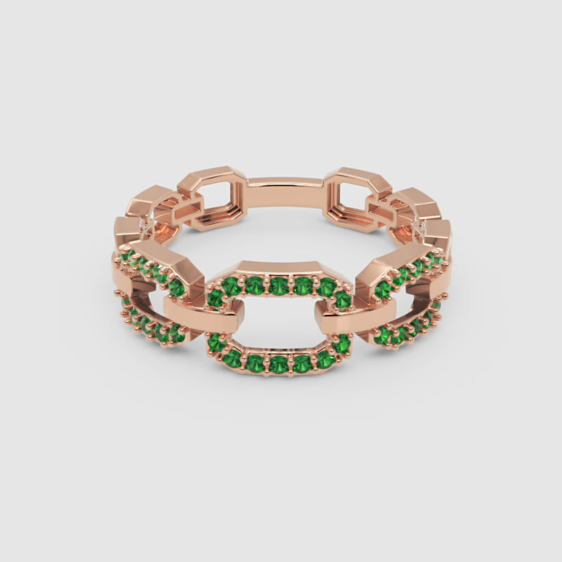 Emerald Chain Link Ring In Yellow Gold | Double Pave Interlocking Statement Luxury Ring For Women | Jebij - Six
