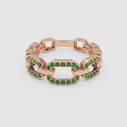 Emerald Chain Link Ring In Yellow Gold | Double Pave Interlocking Statement Luxury Ring For Women | Jebij - Six