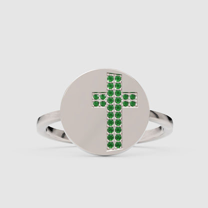 Emerald Cross Signet Ring With Disc Design - Six