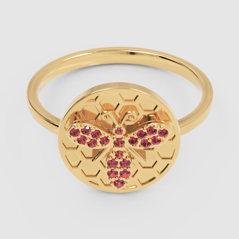 Honeycomb Bee Ring With Pink Gemstones Rose Tone - Six