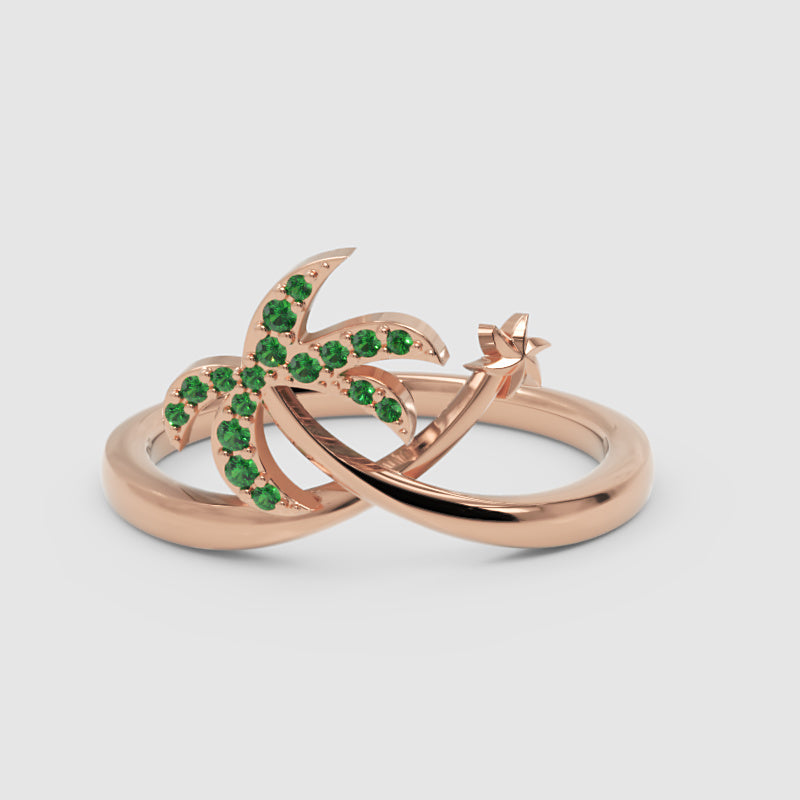 Green Stone Star & Crescent Moon Ring In Yellow Gold - Seven