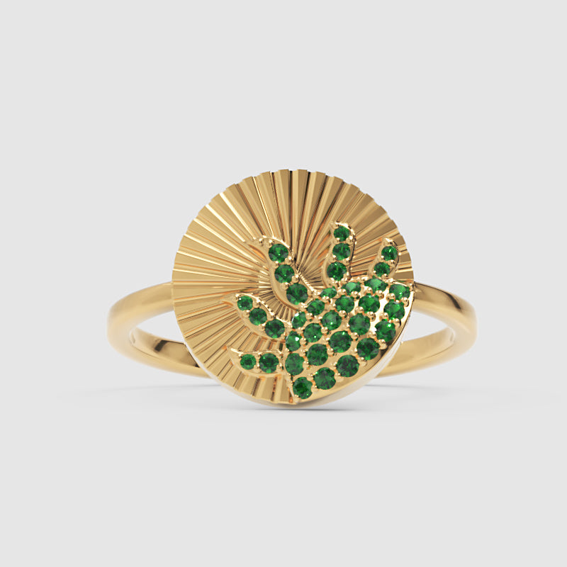 Emerald Wave Sunburst Ring With Textured Fan Design - Six