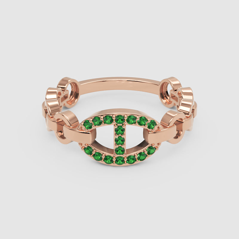 Emerald Oval Ring (Lab-Grown) | Yellow Gold Chain Link Vertical Bar Design | Jebij - Six