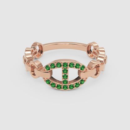 Emerald Oval Ring (Lab-Grown) | Yellow Gold Chain Link Vertical Bar Design | Jebij - Six