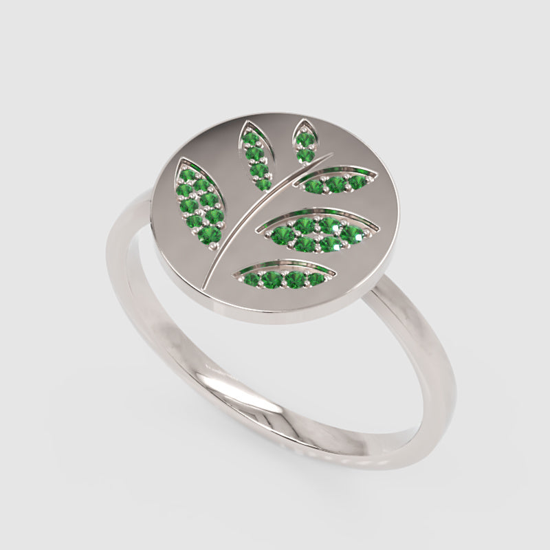 Emerald Leaf Disc Ring With Pav Gemstones - Six