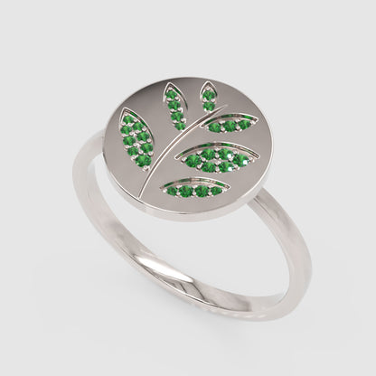Emerald Leaf Disc Ring With Pav Gemstones - Six