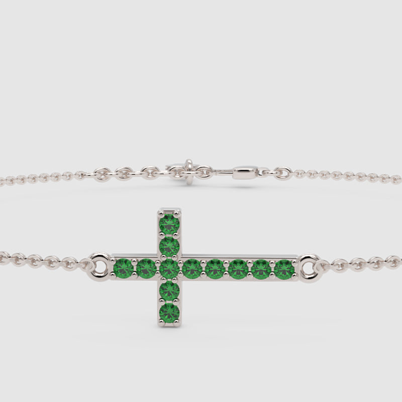 Green Crystal Cross Bracelet With Chain Link Design - Six