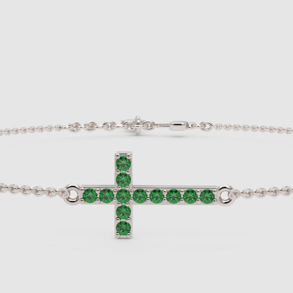 Green Crystal Cross Bracelet With Chain Link Design - Six