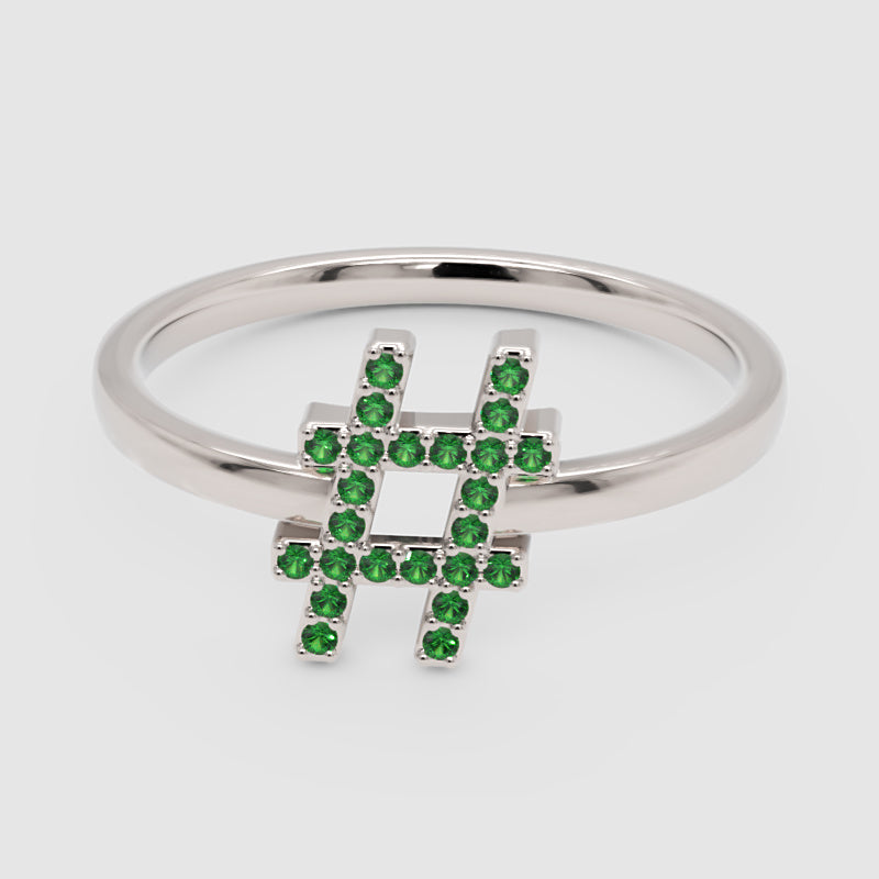 Green Emerald Hashtag Symbol Ring With Pav Stones - Five