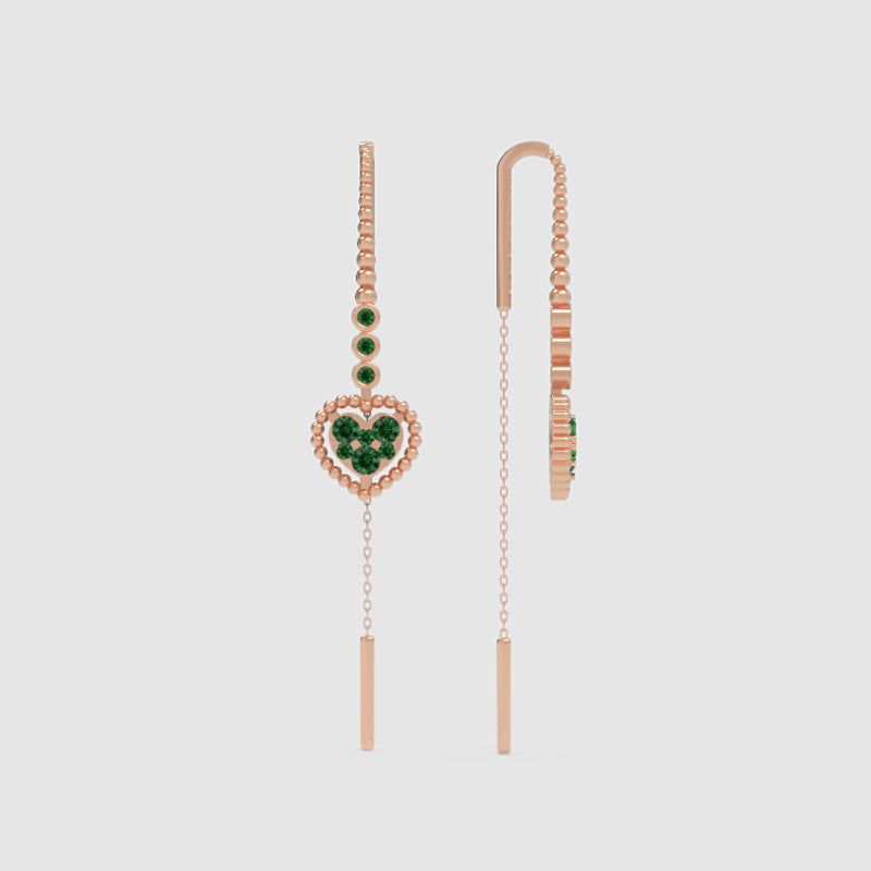 Emerald Heart Threader Earrings With Bar Drop Chain Detail - Six