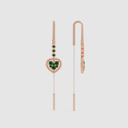 Emerald Heart Threader Earrings With Bar Drop Chain Detail - Six